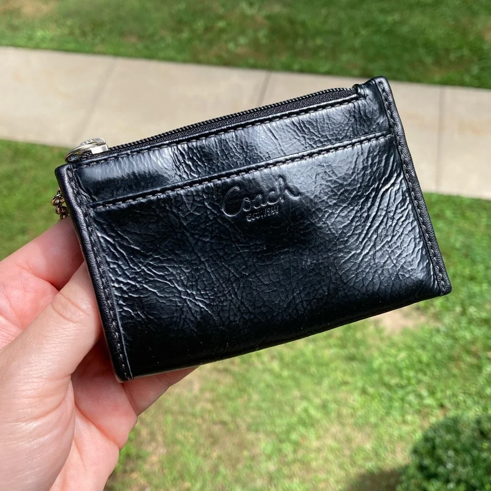 Coach Soft Black Patent Leather Key Chain Card ID Holder Bag Charm Zipper Pouch